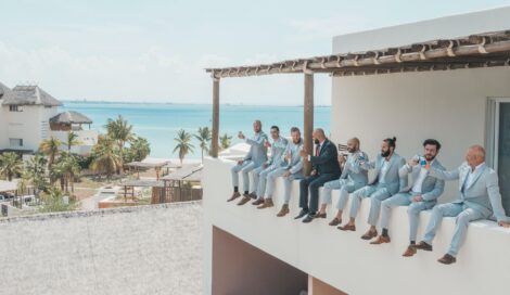 groomsmen at a beach wedding, mens beach wedding attire photo