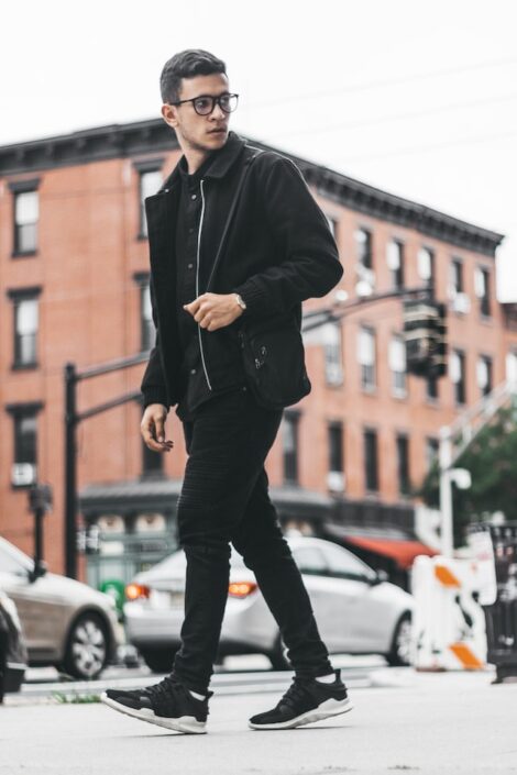 man in stylish jacket and sneakers,